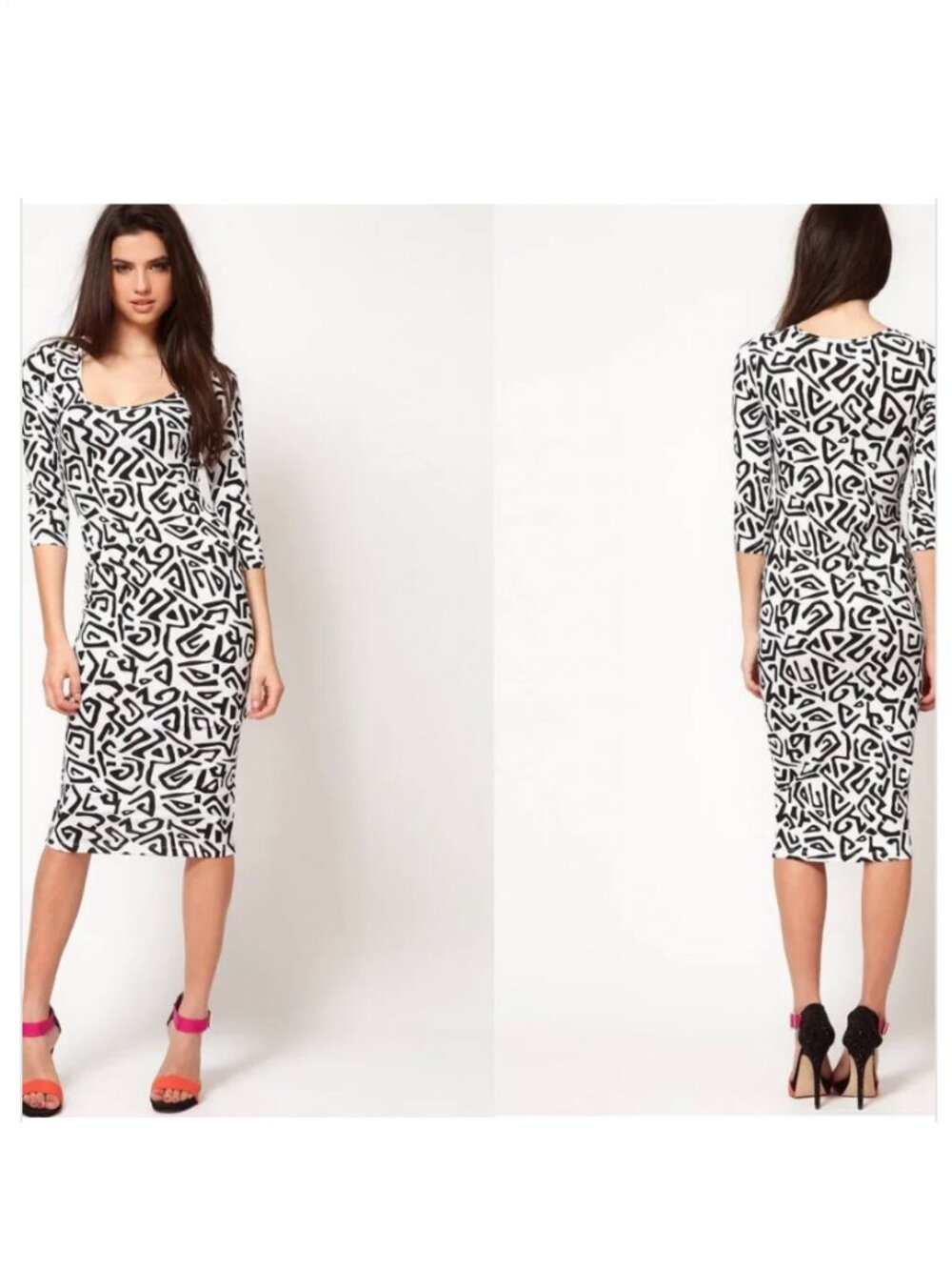NWT ASOS Bodycon Dress Sexy Black White Geometric Abstract Midi Fitted XS 2